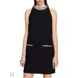 NEW NWT‎ Sandro Zenith Dress Black Embellished Halter Neck Size 34 Party Event